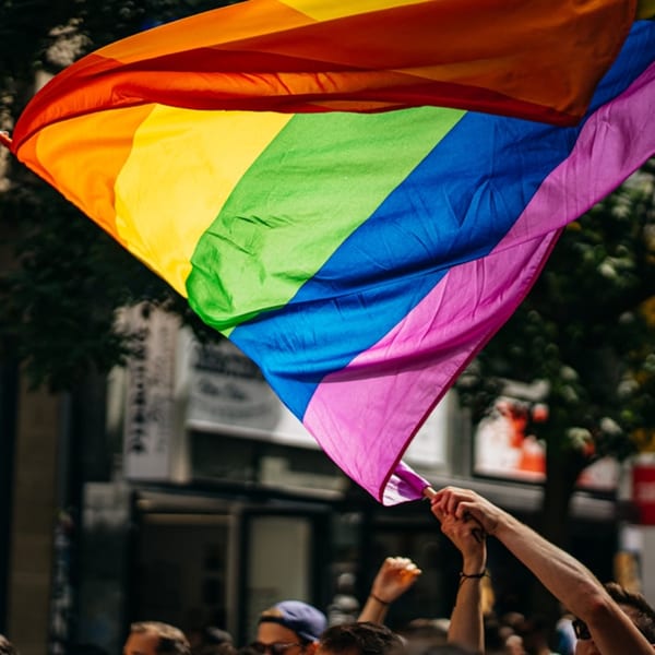 A vibrant rainbow pride flag waves above a crowd of people at an outdoor event.