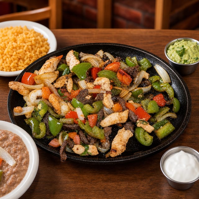 Steak, Shrimp, and Chicken Fajitas.